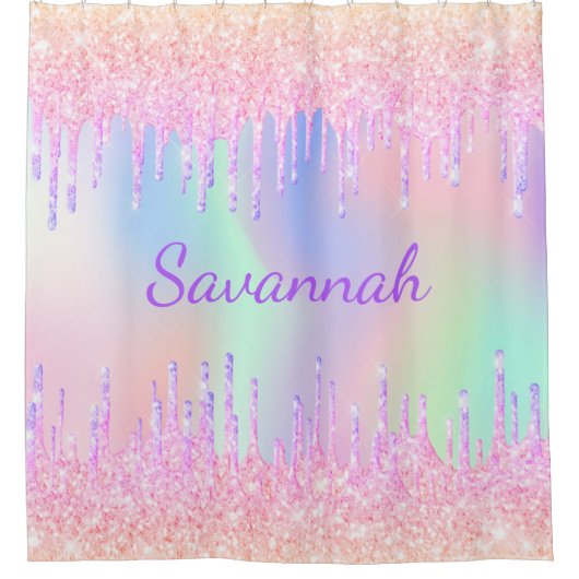 Regenbooglitter druppelt roze monogram af douchegordijn (Voorkant)
