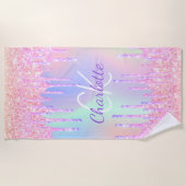 Regenbooglitter druppelt roze monogram af strandlaken (Voorkant)