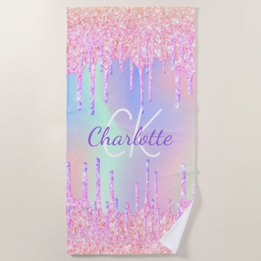 Regenbooglitter druppelt roze monogram af strandlaken (Voorkant)