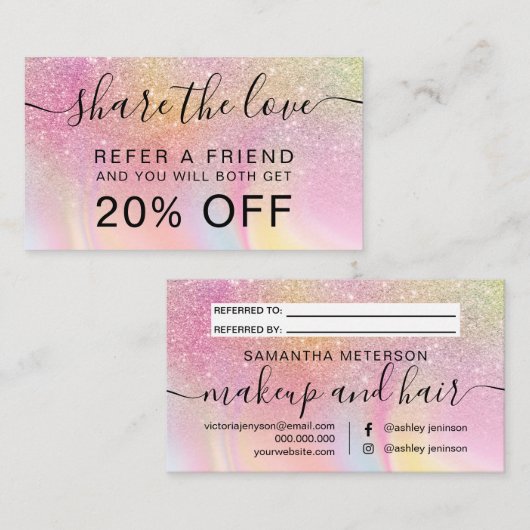 Regenbooglitter ombre regenboogeenhoorn holografis aanbevelingskaartje (Voorkant / Achterkant)