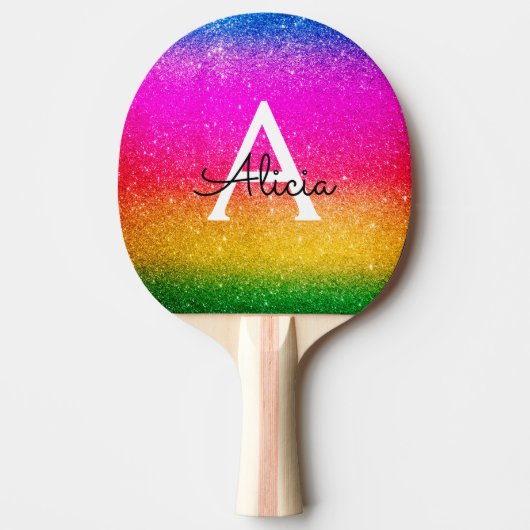 Regenbooglitter Roze Geel Paars Initiaal Tafeltennisbatje (Voorkant)