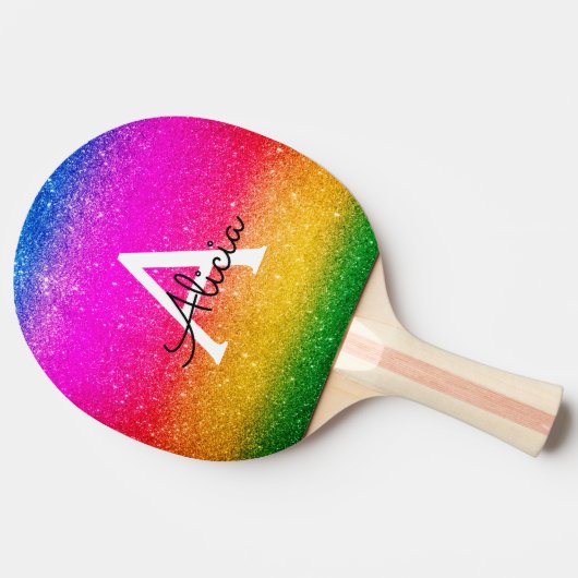 Regenbooglitter Roze Geel Paars Initiaal Tafeltennisbatje (Zijkant)