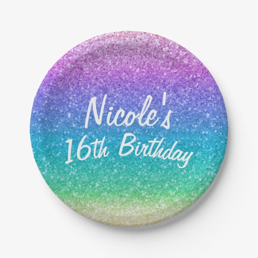 Regenbooglitter Sparkle Glam Birthday Party Custom Papieren Bordje (Voorkant)