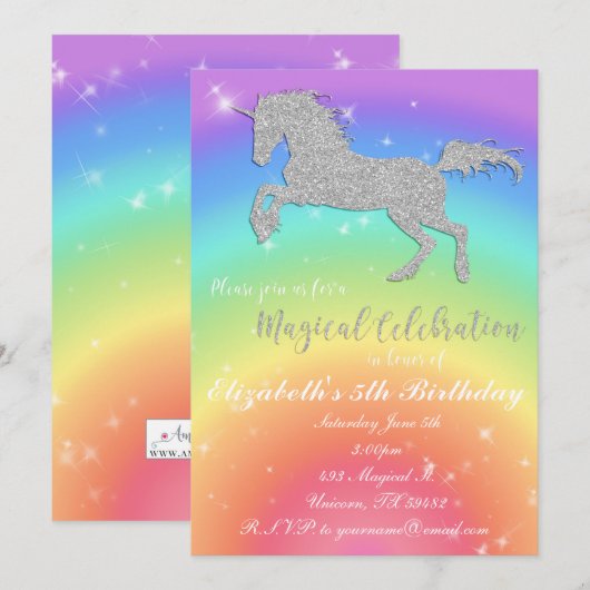 Regenbooglitter Unicorn Birthday Inture Kaart (Voorkant / Achterkant)