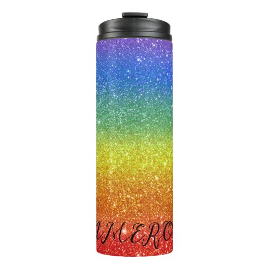 Regenbooglitterstrips met aangepaste naam thermosbeker (Voorkant)
