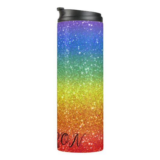 Regenbooglitterstrips met aangepaste naam thermosbeker (Geroteerd rechts)