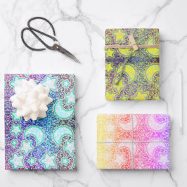 Regenboogmaan met gloeiende sterren inpakpapier vel