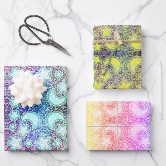 Regenboogmaan met gloeiende sterren inpakpapier vel (Voorkant)