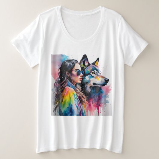 Regenboogmeisje met wolf grote maat t-shirt (Design voorkant)