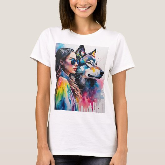 Regenboogmeisje met wolf t-shirt (Voorkant)