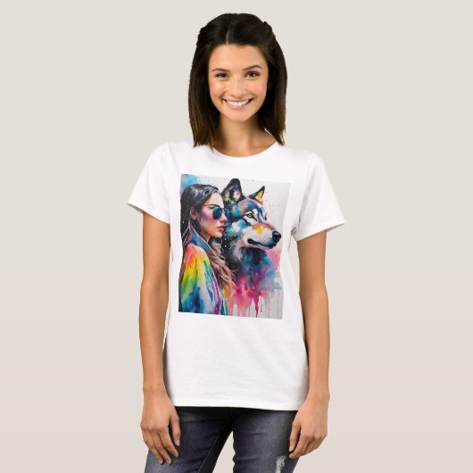Regenboogmeisje met wolf t-shirt (Voorkant volledig)