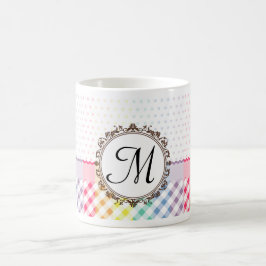 Regenboogpokadots, cheques en strips met monogram koffiemok