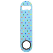 Regenboogpolka harten op babyblauw speed flessenopener (Achterkant)