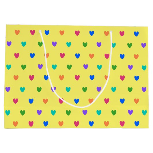 Regenboogpolka harten op geel groot cadeauzakje (Achterkant)
