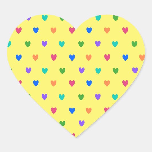 Regenboogpolka harten op geel hart sticker (Voorkant)