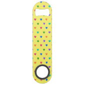 Regenboogpolka harten op geel speed flessenopener (Achterkant)