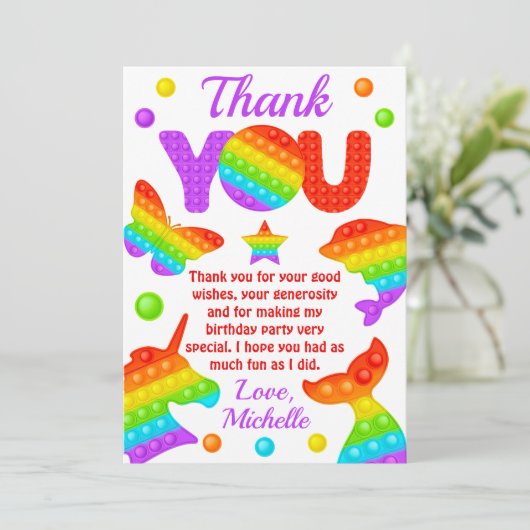 RegenboogPop Fidget Speelgoed Birthday Party Bedankkaart (Staand voorkant)