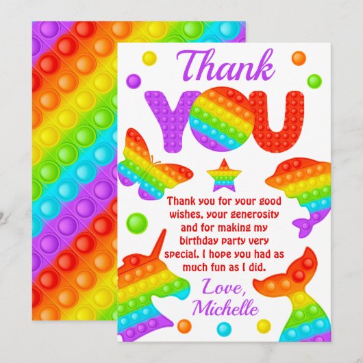 RegenboogPop Fidget Speelgoed Birthday Party Bedankkaart (Voorkant / Achterkant)