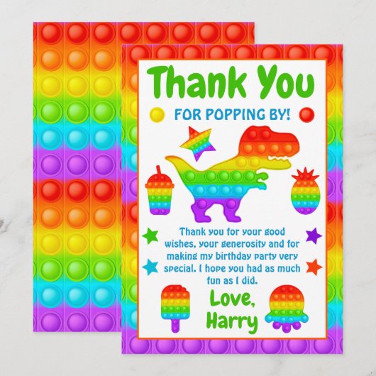 RegenboogPop Fidget Speelgoed Birthday Party Bedankkaart (Voorkant / Achterkant)