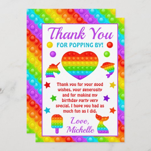 RegenboogPop Fidget Speelgoed Birthday Party Bedankkaart (Voorkant / Achterkant)