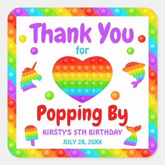 RegenboogPop Fidget Speelgoed Birthday Party Vierkante Sticker (Voorkant)