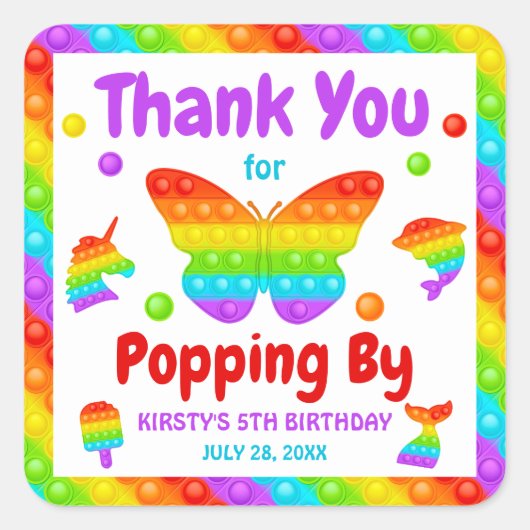 RegenboogPop Fidget Speelgoed Birthday Party Vierkante Sticker (Voorkant)