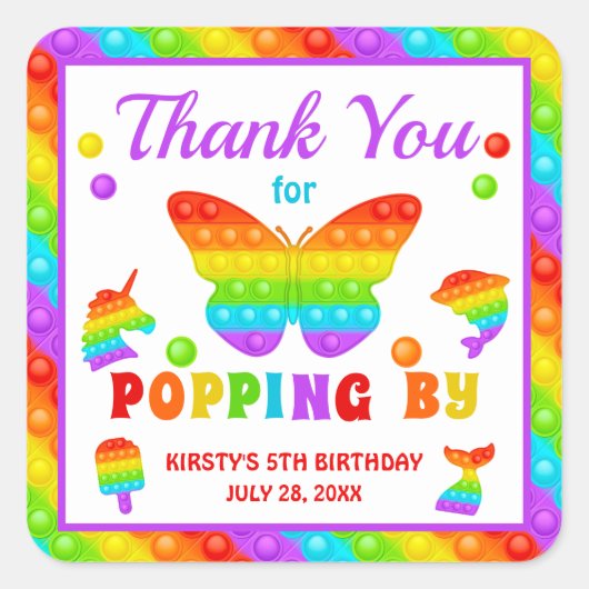RegenboogPop Fidget Speelgoed Birthday Party Vierkante Sticker (Voorkant)