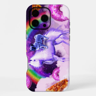 Regenboogpug in de ruimte rijdend op een eenhoorn iPhone 16 pro max hoesje
