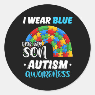 Regenboogpuzzel Autisme Ik Draag blauw voor zoon A Ronde Sticker