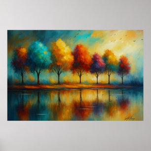 Regenboogreflecties Levendige Bomen bij Zonsonderg Poster