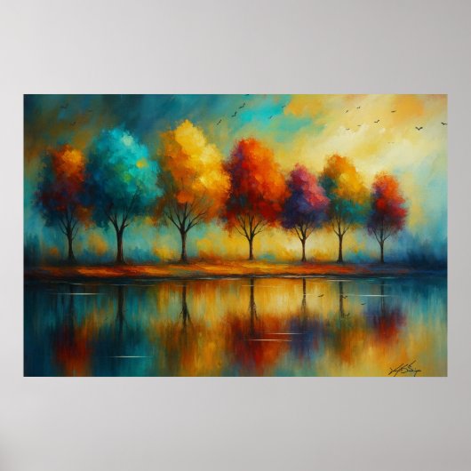 Regenboogreflecties Levendige Bomen bij Zonsonderg Poster (Voorkant)