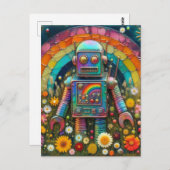 Regenboogrobot in een bloemenweide briefkaart (Voorkant / Achterkant)
