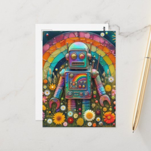 Regenboogrobot in een bloemenweide briefkaart (Voorkant / Achterkant in situ)