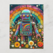 Regenboogrobot in een bloemenweide briefkaart (Voorkant)