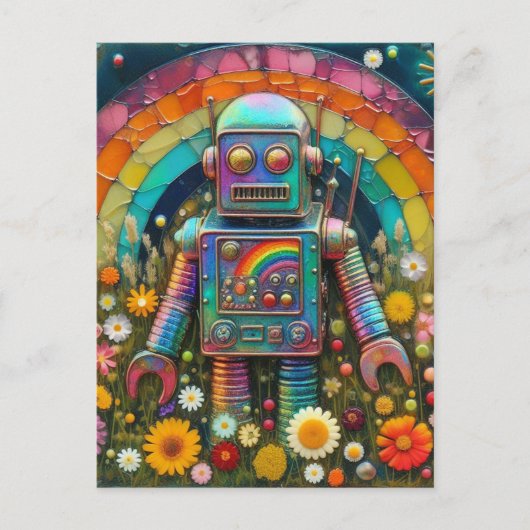 Regenboogrobot in een bloemenweide briefkaart (Voorkant)