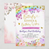Regenboogroze en Paarse vlinder Birthday Invite Kaart (Voorkant / Achterkant)