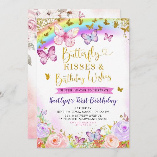 Regenboogroze en Paarse vlinder Birthday Invite Kaart (Voorkant / Achterkant)