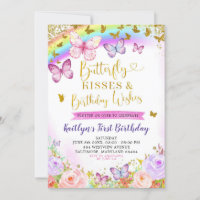 Regenboogroze en Paarse vlinder Birthday Invite