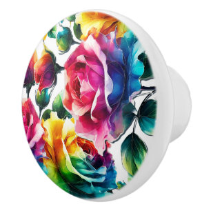 Regenboogrozen Vrolijke Kleurrijke Bloemen Keramische Knop