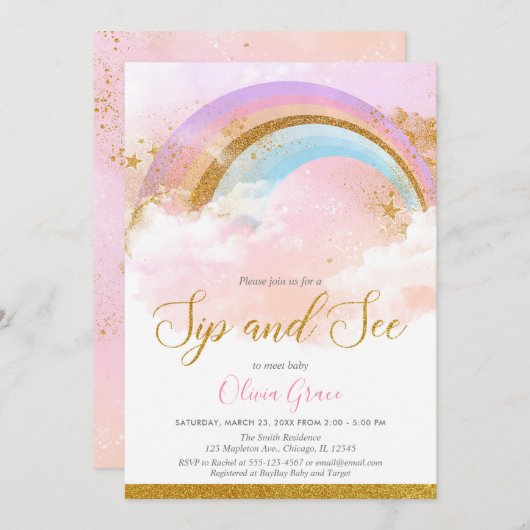 Regenboogsip en zie meisje pastelroze goud kaart (Voorkant / Achterkant)