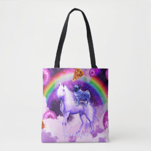 Regenboogstang in de ruimte met een eenhoorn tote bag