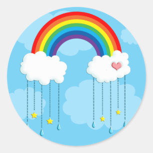 Regenboogsterren en wolkenkrabbers ronde sticker