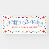 Regenboogsterren op elke kleur Happy Birthday Kind Spandoek (Horizontaal)