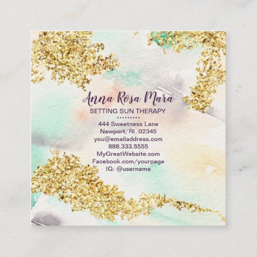 *~* Regenboogstraal Waterverf Glitter Goud Vierkante Visitekaartje (Achterkant)