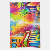 Regenboogstraat: Vivid Town Theedoek (Verticaal)
