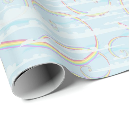 Regenboogstralen met witte wolken in de blauwe hem cadeaupapier (Rol Hoek)