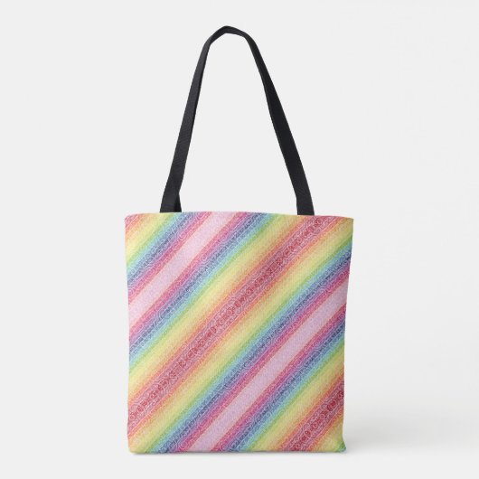 Regenboogstreep met gekrulde wijnstokpatroon retro tote bag (Achterkant)