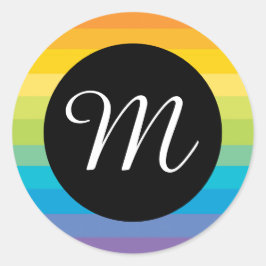 Regenboogstreep met zwarte cirkel M-monogram Ronde Sticker