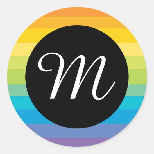 Regenboogstreep met zwarte cirkel M-monogram Ronde Sticker (Voorkant)