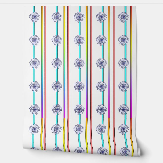 Regenboogstrepen + Blauwe Bloesems Behang (Afrollen)